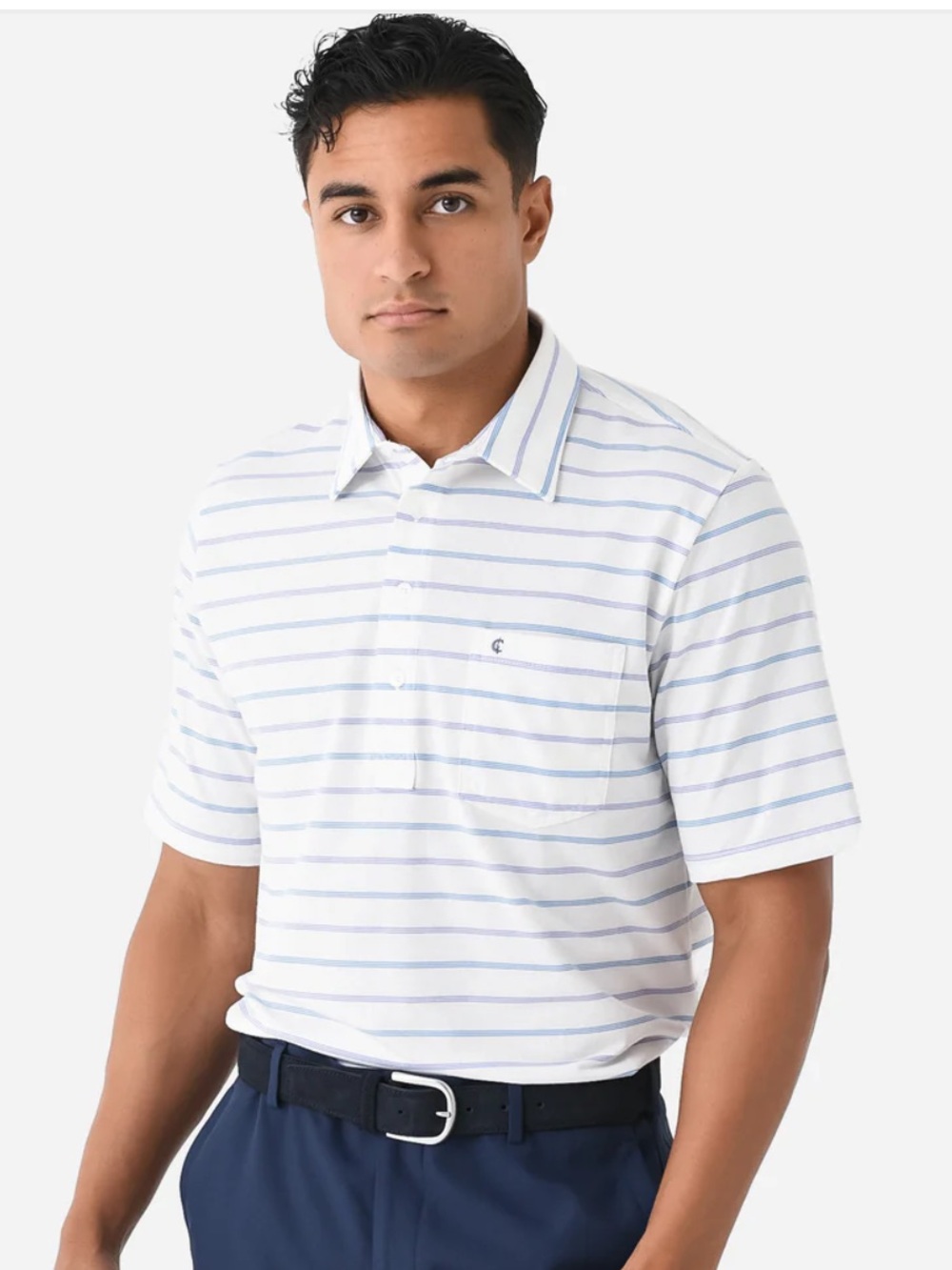Criquet Performance Players Polo shirt EUC Size XL gray w/ navy & pink stripes